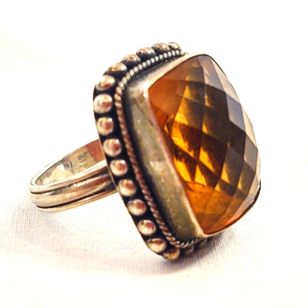 Vintage Faceted Oversized Citrine Sterling Silver Ring- Size 7.5